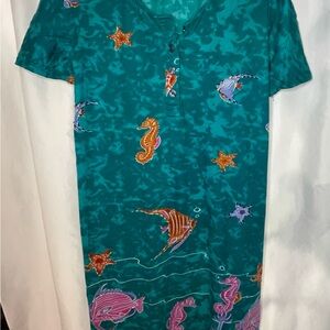 Teal Ocean Print Button-Up Dress